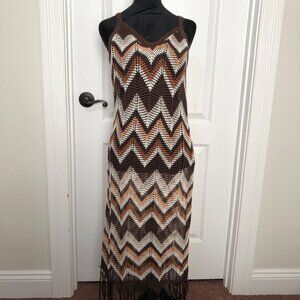 Almost Famous Women's Crochet Dress Large Brown & White Chevron Pattern NWT‎